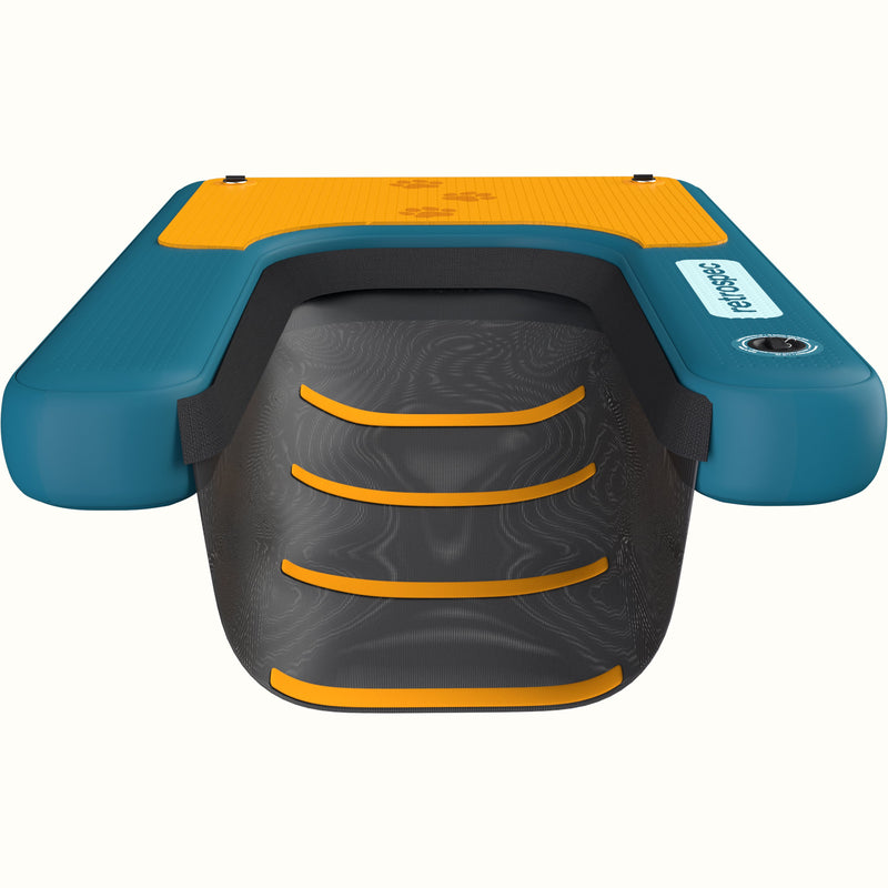 A vibrant, Siesta Pup Inflatable Pet Ramp with a yellow textured deck and a gray mesh ramp with yellow details for high visibility, designed for water activities with pets.