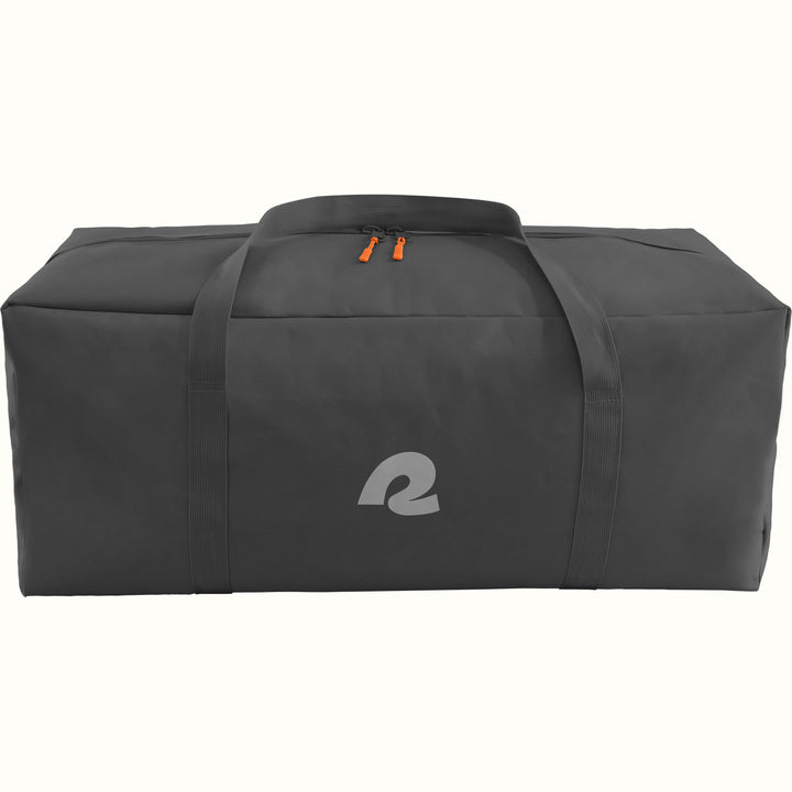 A large, dark gray duffel bag with a sleek design, featuring two sturdy handles and an orange zipper pull, marked with a subtle "retrospec" logo.