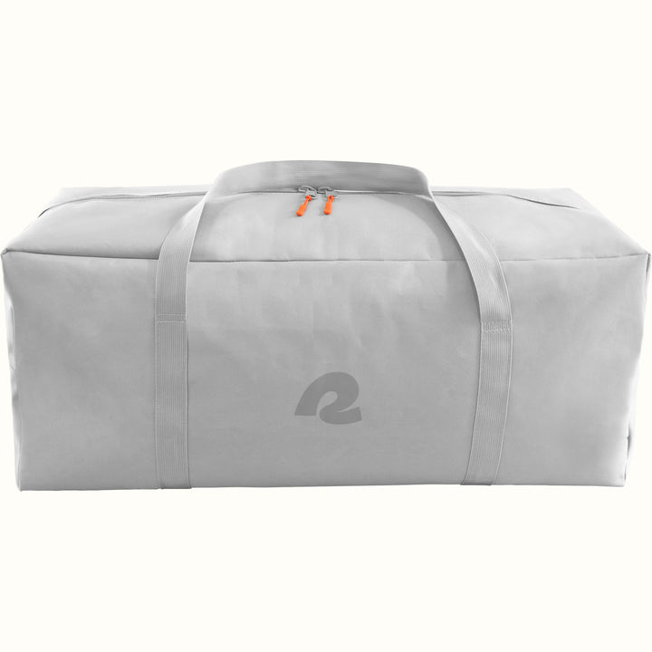 A large, gray duffel bag with a sleek design, featuring two sturdy handles and an orange zipper pull, marked with a subtle "retrospec" logo.