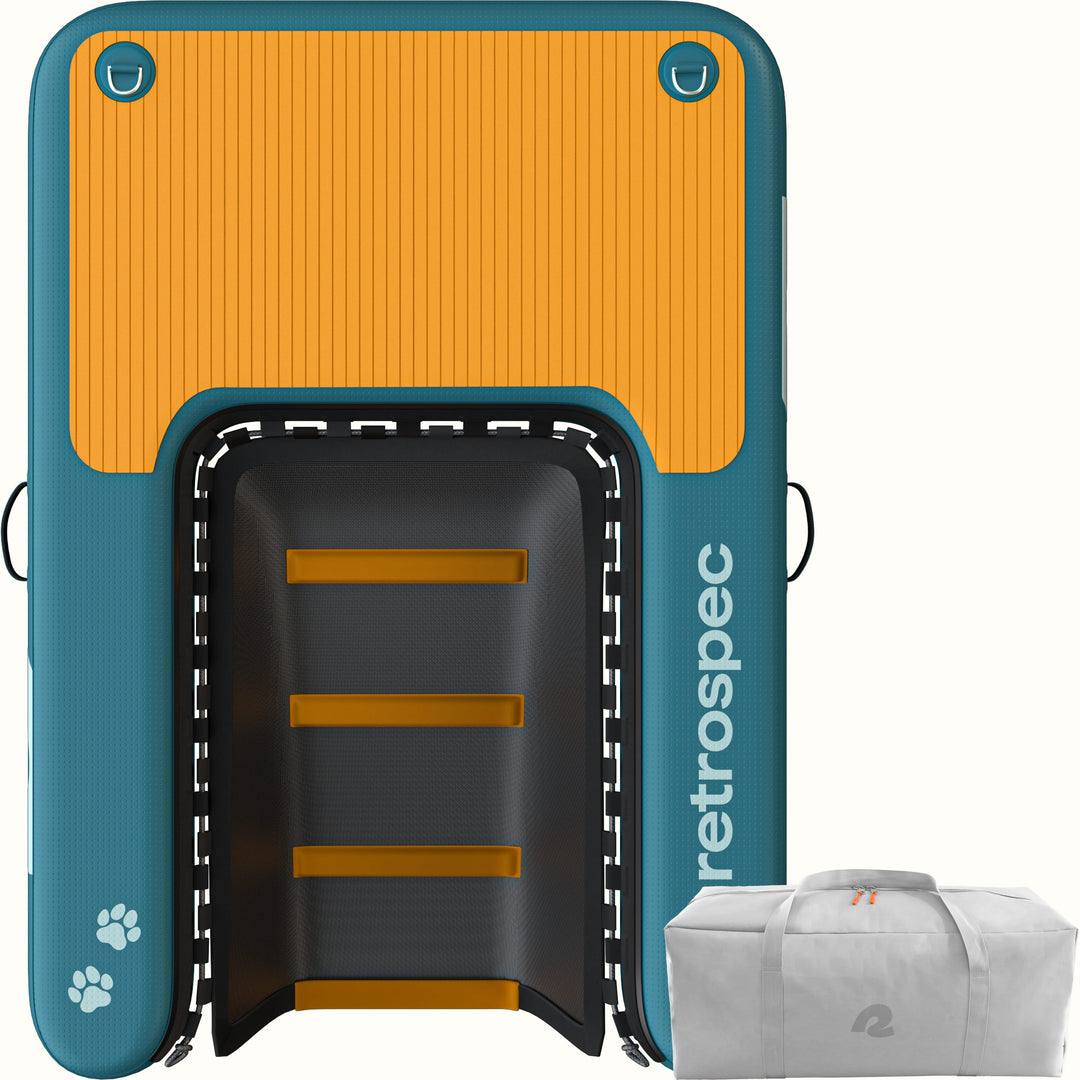 Top view of the Siesta Pup Inflatable Pet Ramp in teal and orange with non-slip surface and paw print design, featuring a "retrospec" logo, with a carry bag shown alongside.