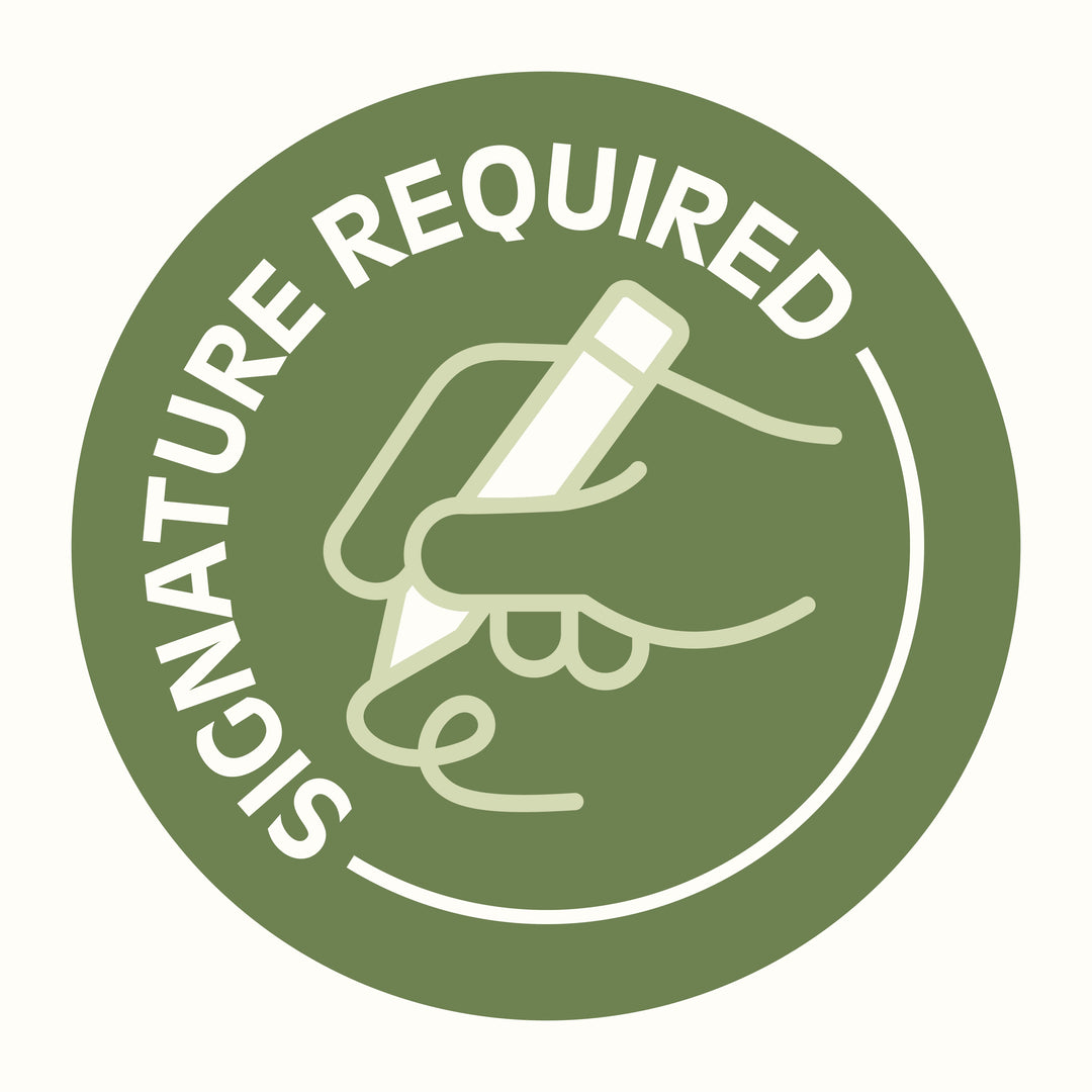 A graphic of a hand holding a pen, with the text "SIGNATURE REQUIRED" in bold, circular green background.
