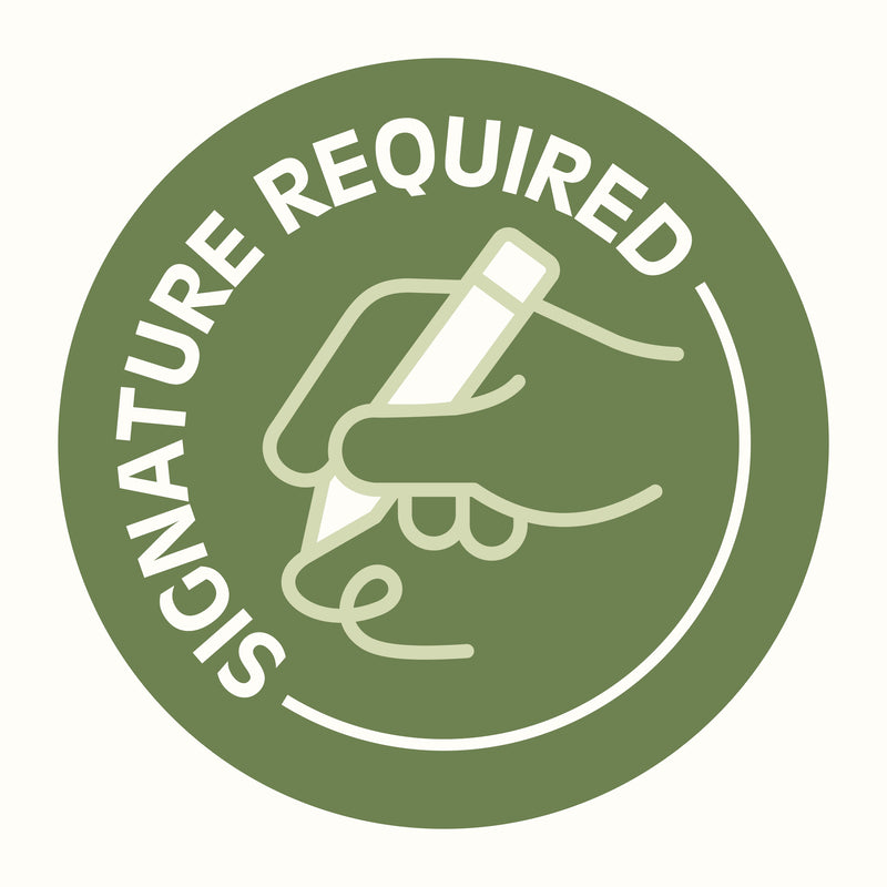 A graphic of a hand holding a pen, with the text "SIGNATURE REQUIRED" in bold, circular green background.