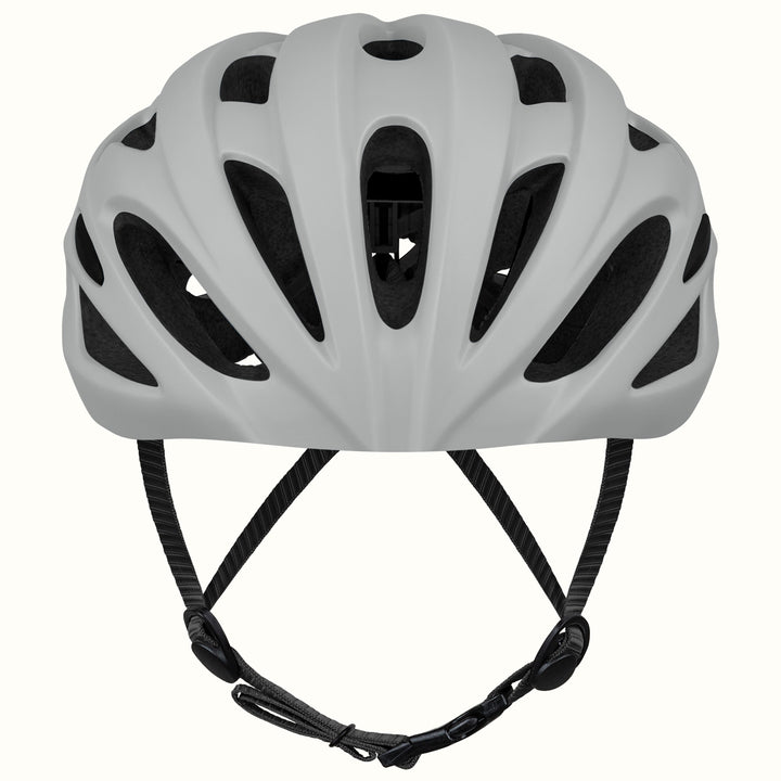 front view of retrospec Silas bicycle helmet in matte graphite showing wide vented shell and Y-split black chin straps.