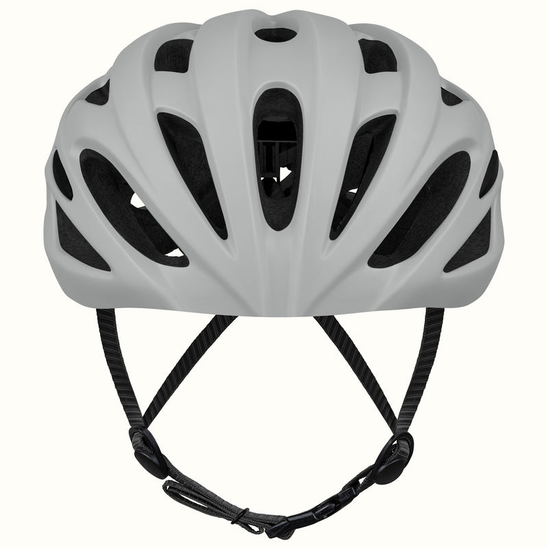 front view of retrospec Silas bicycle helmet in matte graphite showing wide vented shell and Y-split black chin straps.