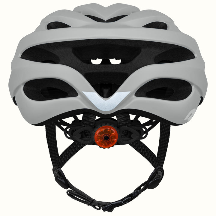rear view of retrospec Silas road bike helmet showing integrated red LED light, reflective chevron, and matte graphite shell.