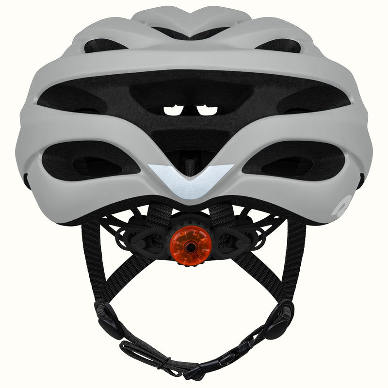 rear view of retrospec Silas road bike helmet showing integrated red LED light, reflective chevron, and matte graphite shell.