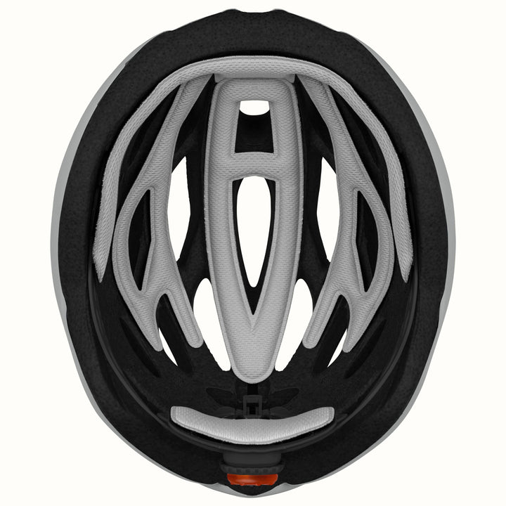 interior view of retrospec Silas bike helmet showing grey mesh padding, EPS foam liner, and rear LED mount in matte graphite.