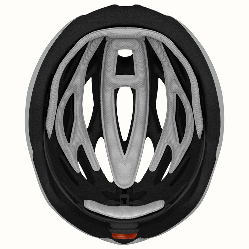 interior view of retrospec Silas bike helmet showing grey mesh padding, EPS foam liner, and rear LED mount in matte graphite.