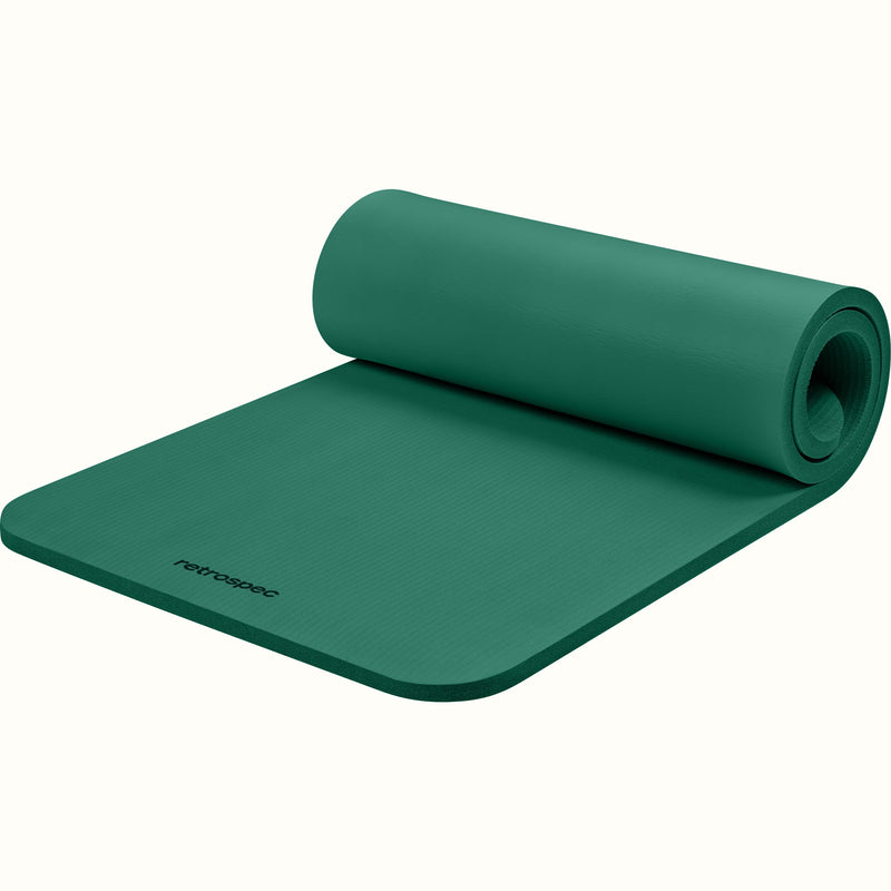 Green Solana 1" Yoga Mat rolled up on a white background.