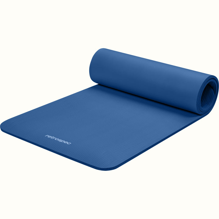 Blue Solana .5" Yoga Mat with 'retrospec' branding on a white background.