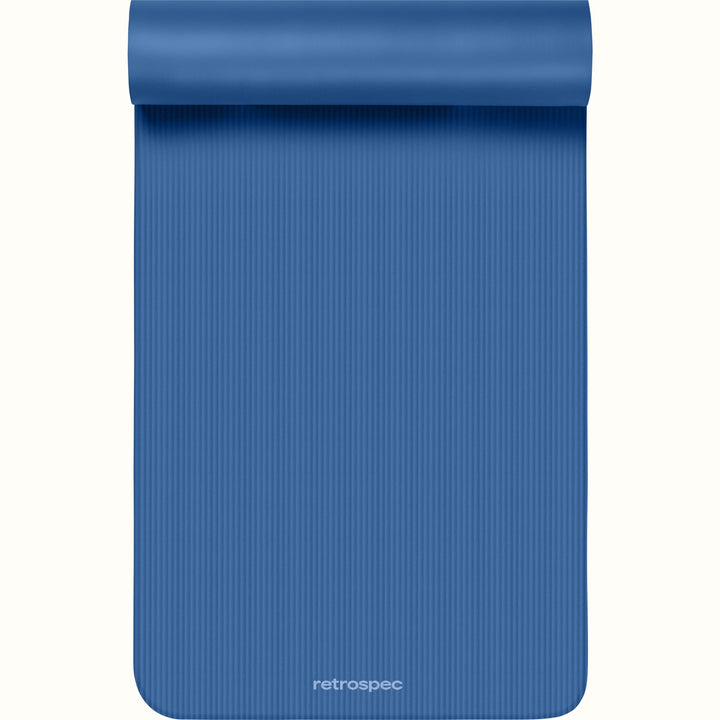 Blue Solana .5" Yoga Mat with 'retrospec' branding on a white background.