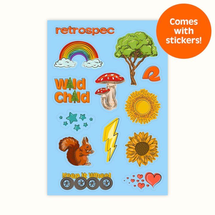 A collection of colorful stickers featuring nature, hearts, and playful designs, including a rainbow, squirrel, and sunflowers.