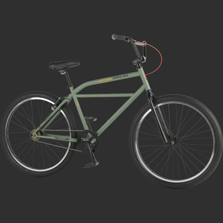 The Grateful Dead Sully Klunker Single Speed Bike in olive green featuring "Grateful Dead" branding, black tires, and a sleek design against a dark background.