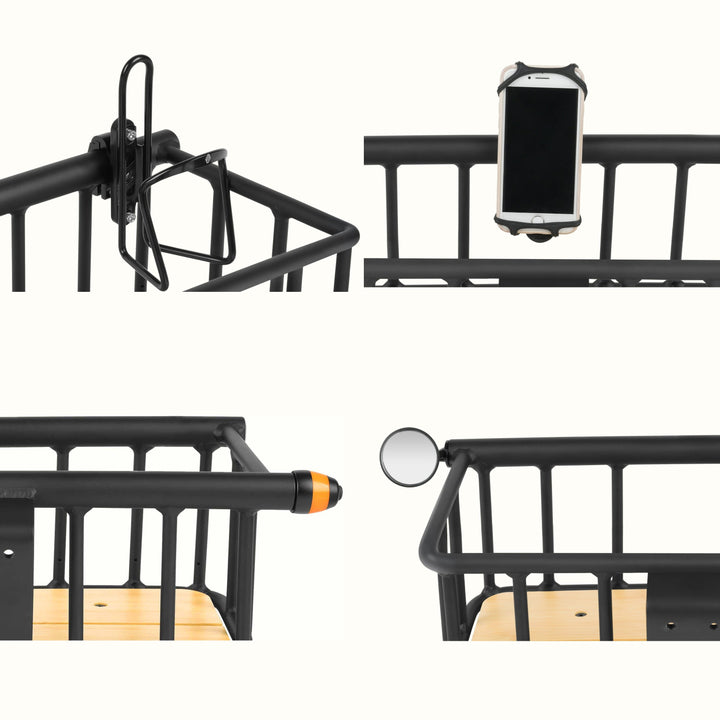 retrospec Tote Plus basket shown with a bottle cage, phone holder, orange end cap, and round mirror on its rails.