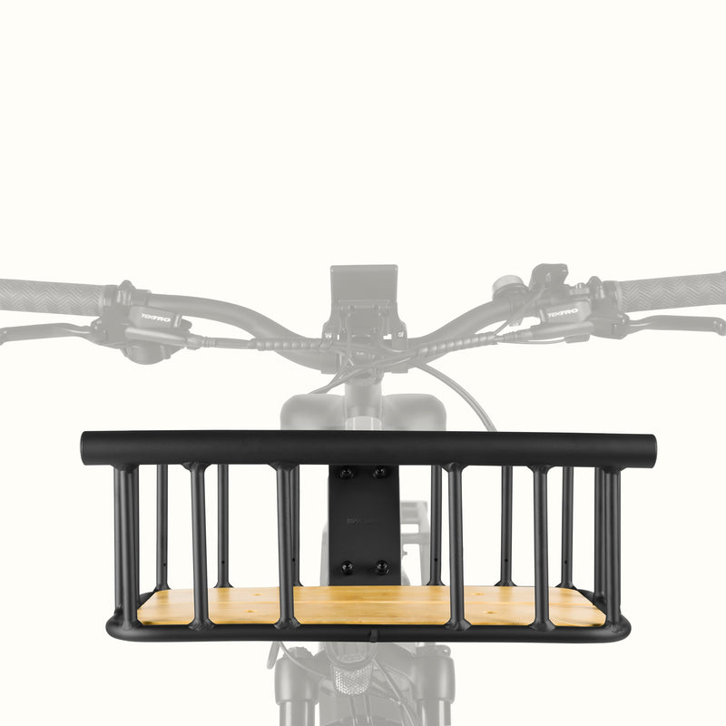 Front view of the retrospec Tote Plus bike basket mounted on a center bracket below Electric Bike handlebars.