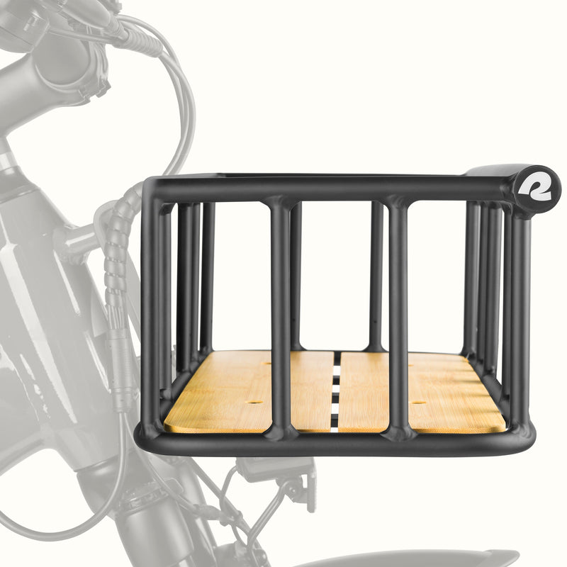 retrospec Tote Plus front bike basket in black with a wood floor, mounted on an Electric Bike, side view.