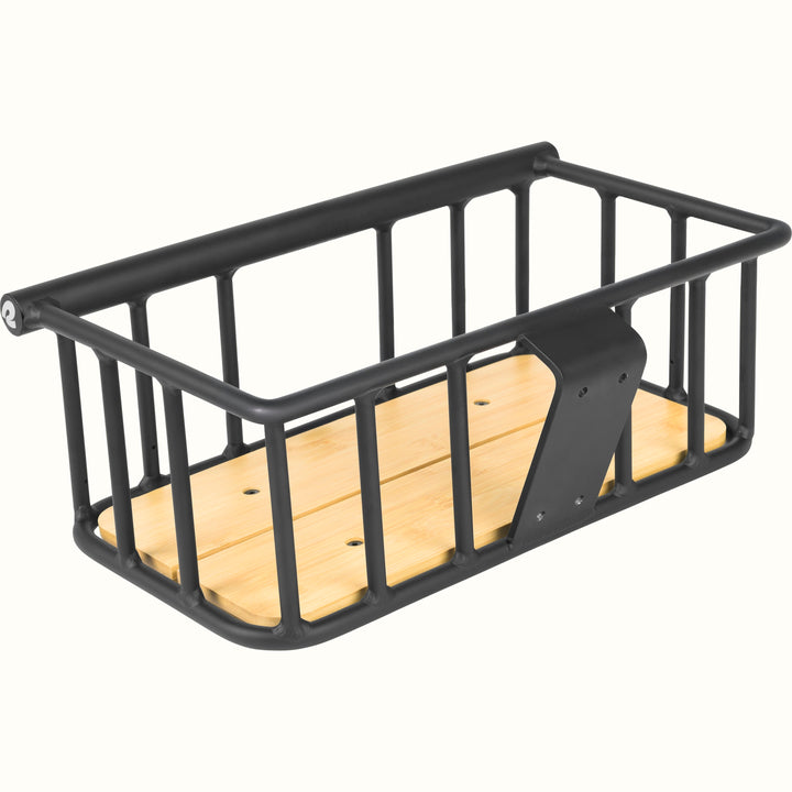 retrospec Tote Plus basket in black with a wood floor and angled mounting bracket, shown from the side.