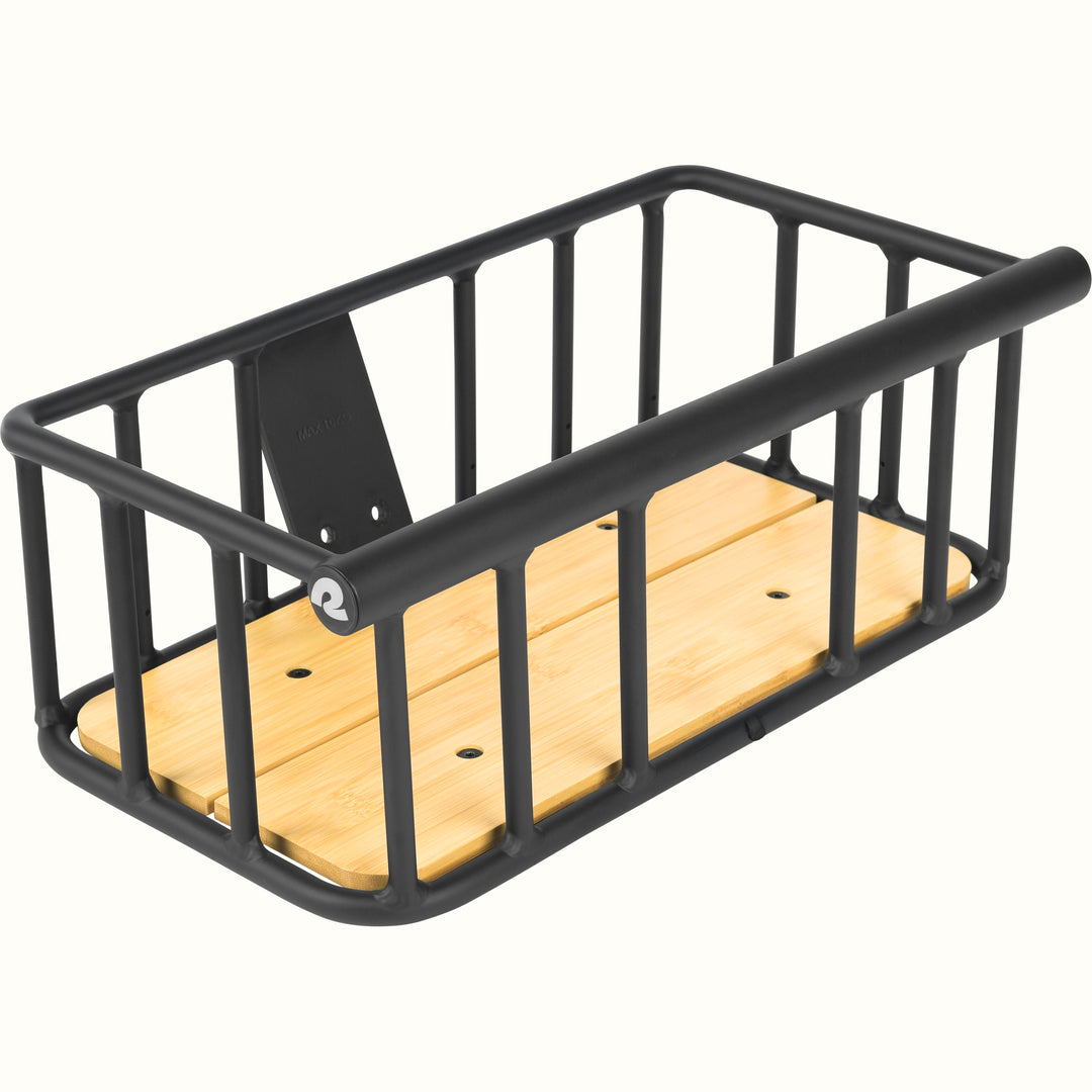 Empty retrospec Tote Plus basket in black with a wood floor, logo end cap, and slanted mounting bracket.