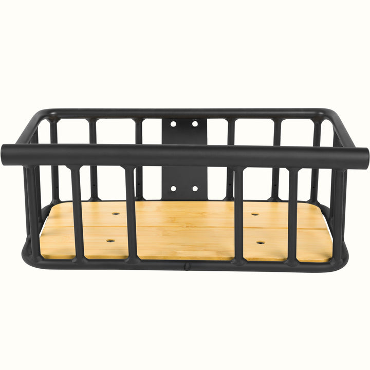 Straight on view of the retrospec Tote Plus basket showing its four hole mounting plate and wood floor.