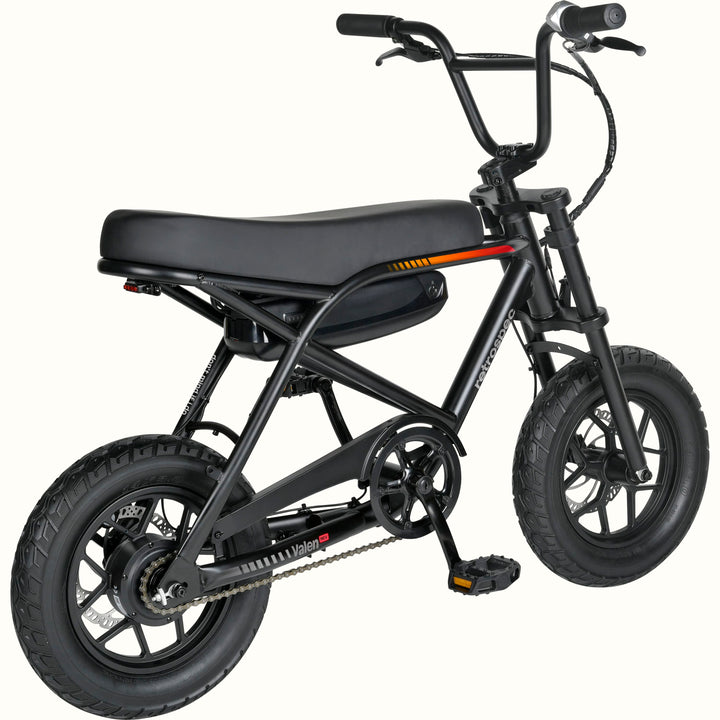 A small electric bike with a black frame, black seat, black tires, and a black battery pack mounted on the frame, shown against a plain white background.