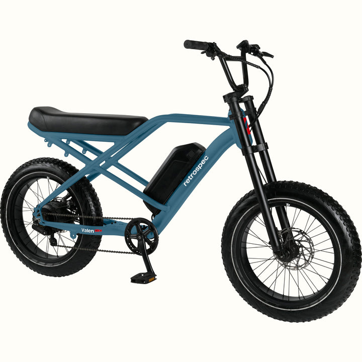 Blue Valen Rev 3 Fat Tire Electric Bike with black seat on a white background.