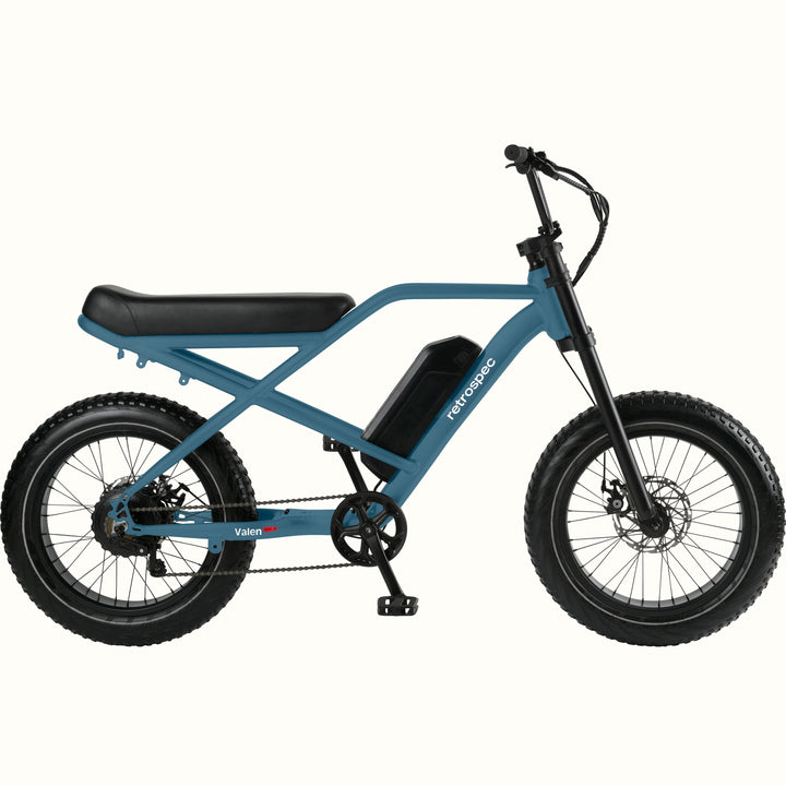 Blue Valen Rev 3 Fat Tire Electric Bike with black seat on a white background.