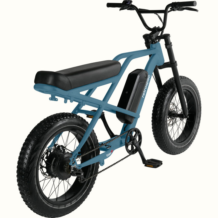 Blue Valen Rev 3 Fat Tire Electric Bike with black seat on a white background.