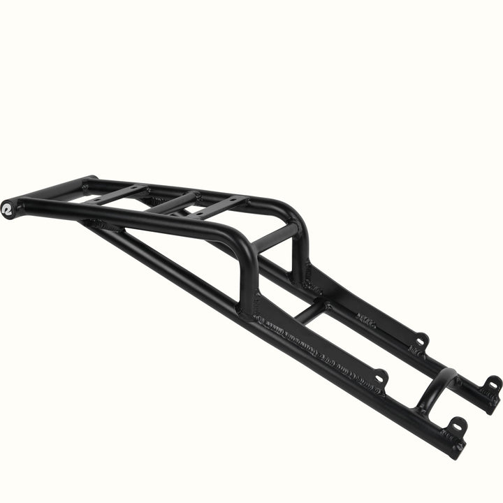 Black metal bike rear rack on a white background.