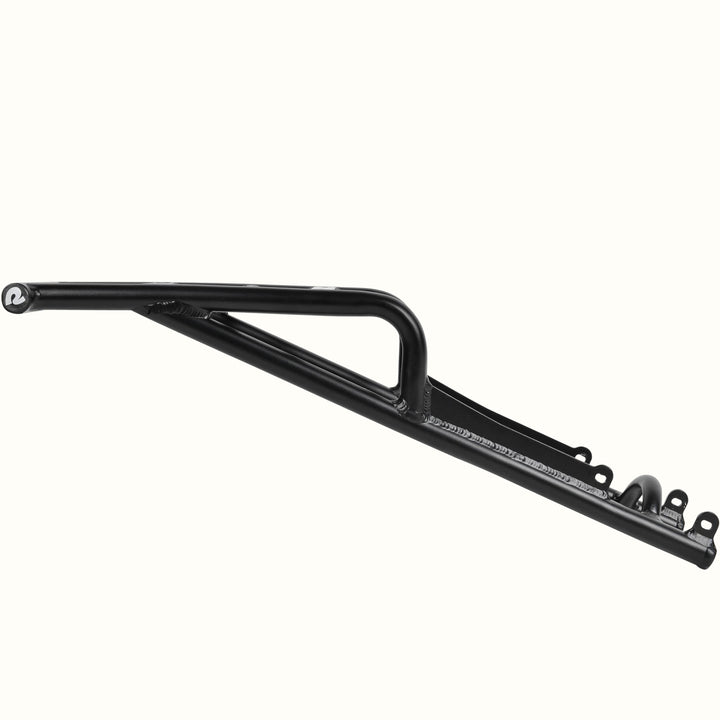 Black metal bike rear rack on a white background.