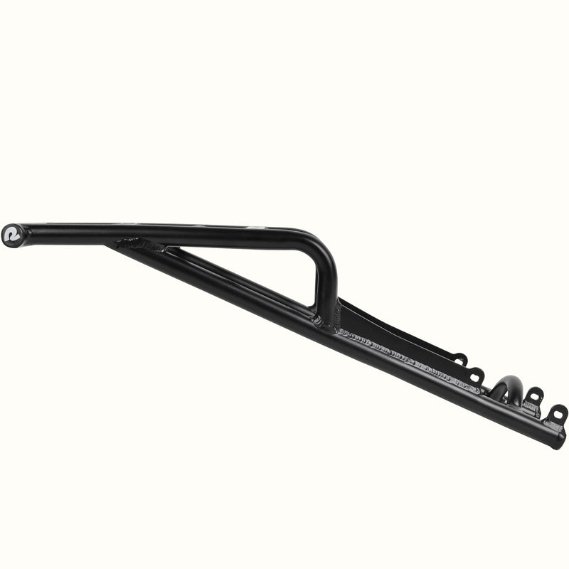 Black metal bike rear rack on a white background.