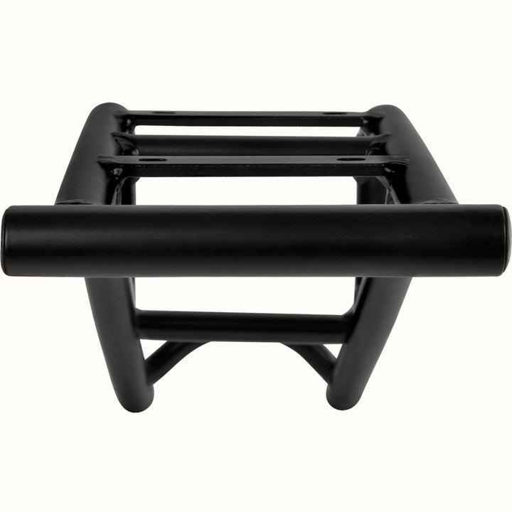 Black metal bike rear rack on a white background.