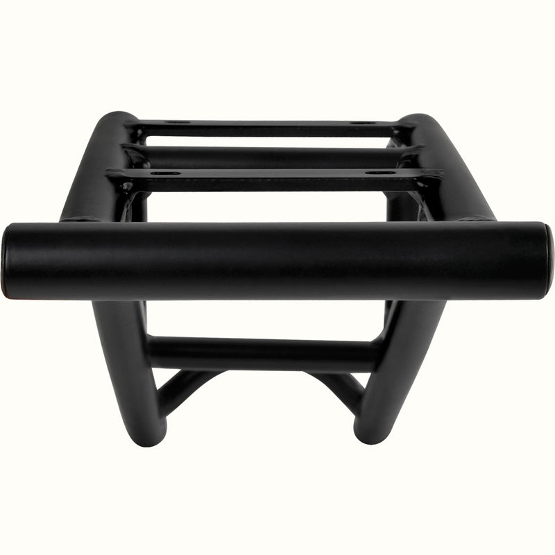 Black metal bike rear rack on a white background.