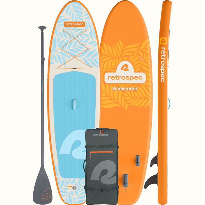 Creamsicle Weekender Inflatable Stand-Up Paddle board with carry bag and paddle on a white background.