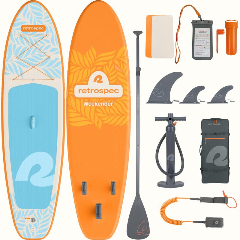 Retrospec inflatable stand-up paddle board with accessories on a white background.