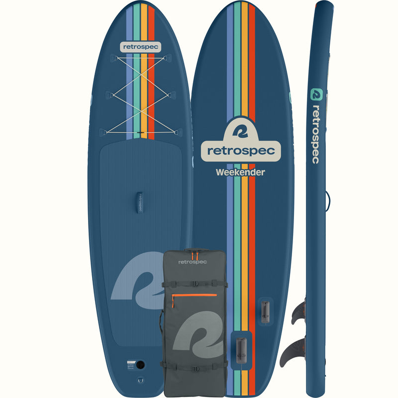 Retrospec Weekender inflatable stand-up paddle board with colorful stripe design on a white background.