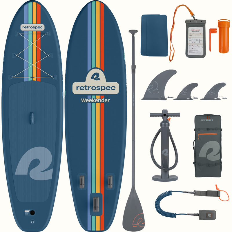 Retrospec Weekender inflatable stand-up paddleboard with accessories on a white background.