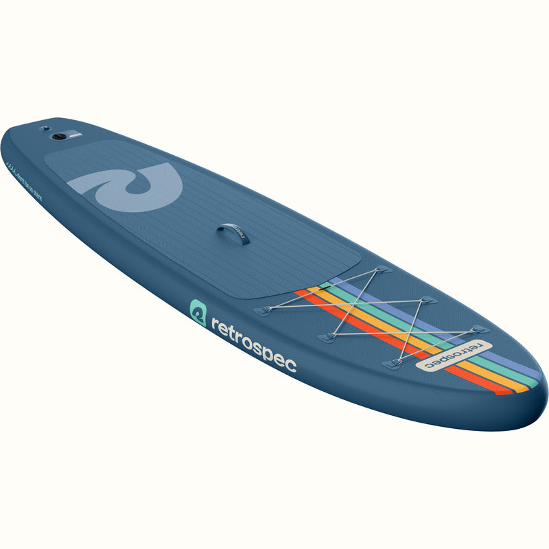 Blue inflatable stand-up paddleboard with Retrospec logo on a white background.