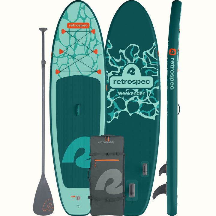 Retrospec Weekender inflatable paddle board with accessories on a white background.