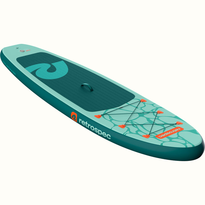 Teal inflatable stand up paddle board with Retrospec logo on a white background.