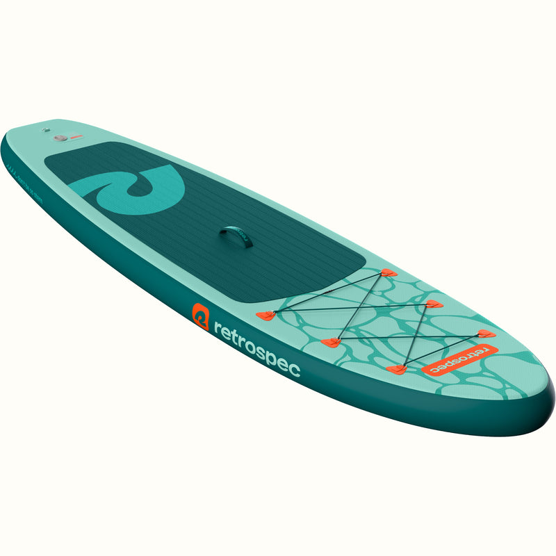 Teal inflatable stand up paddle board with Retrospec logo on a white background.