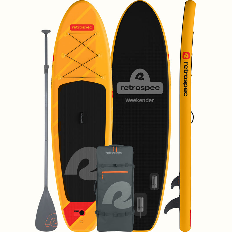 Weekender inflatable stand up paddle board set with a grey backpack and paddle on a white background.