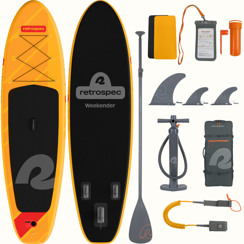 Weekender inflatable stand up paddle board set with accessories on a white background.