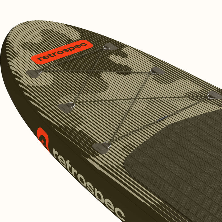 A closeup of the nose of the Weekender Inflatable Paddle Board with a 6 point bungee for storage and a 'retrospec' logo.