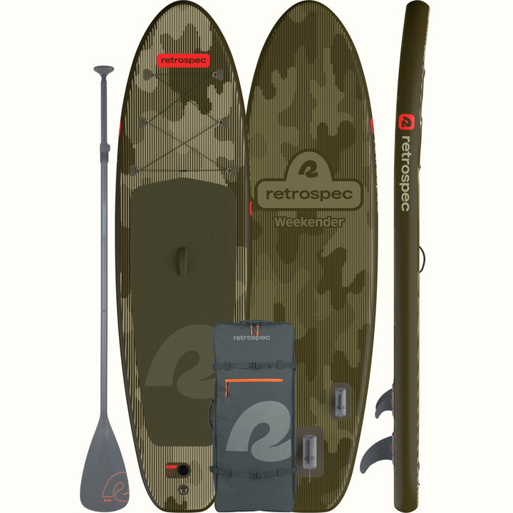 Camouflage inflatable paddle board with paddle and leash on a white background, featuring Retrospec branding.
