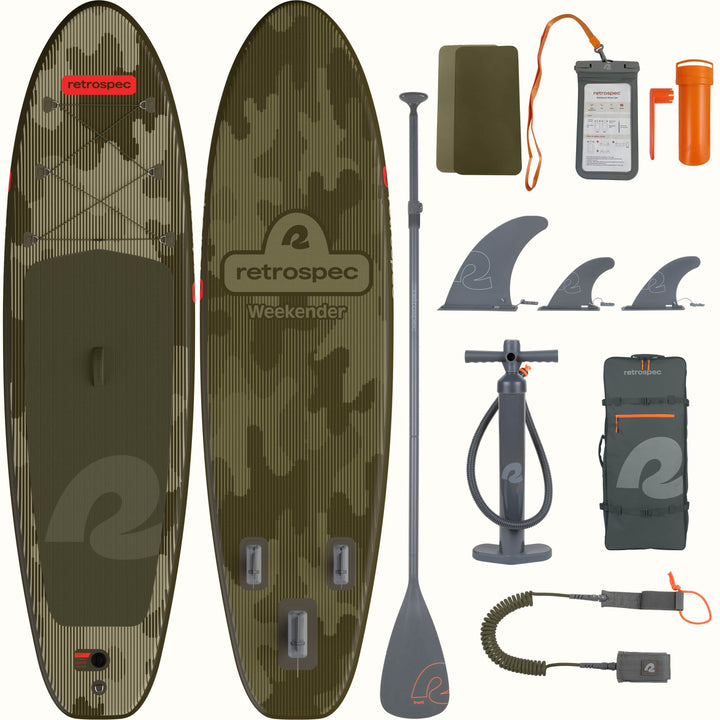 Camouflage inflatable stand-up paddleboard with accessories on a white background