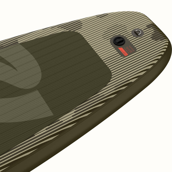 A closeup of the tail of the Weekender Inflatable Stand Up Paddle Board.