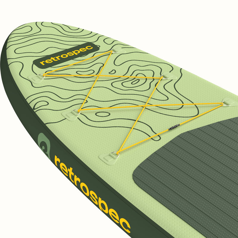 A closeup of the nose of the Weekender Inflatable Paddle Board with a 6 point bungee for storage and a 'retrospec' logo.
