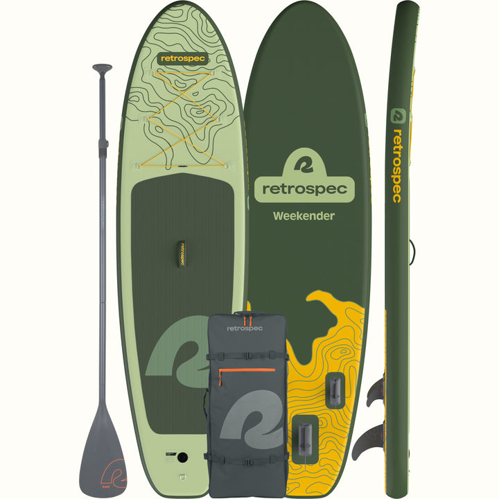 Retrospec inflatable paddle board set with paddle and backpack on a white background.