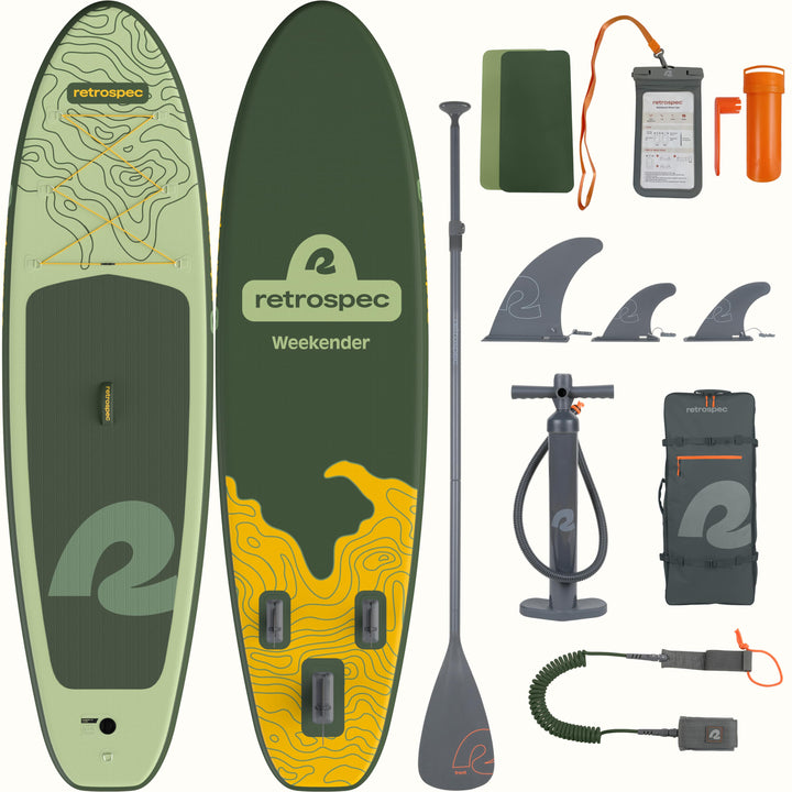 Retrospec inflatable stand up paddle board set with accessories on a white background.