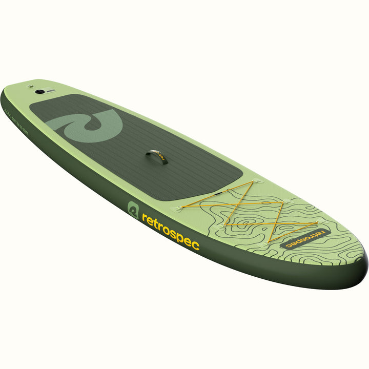 Green inflatable stand up paddleboard with Retrospec branding on a white background.